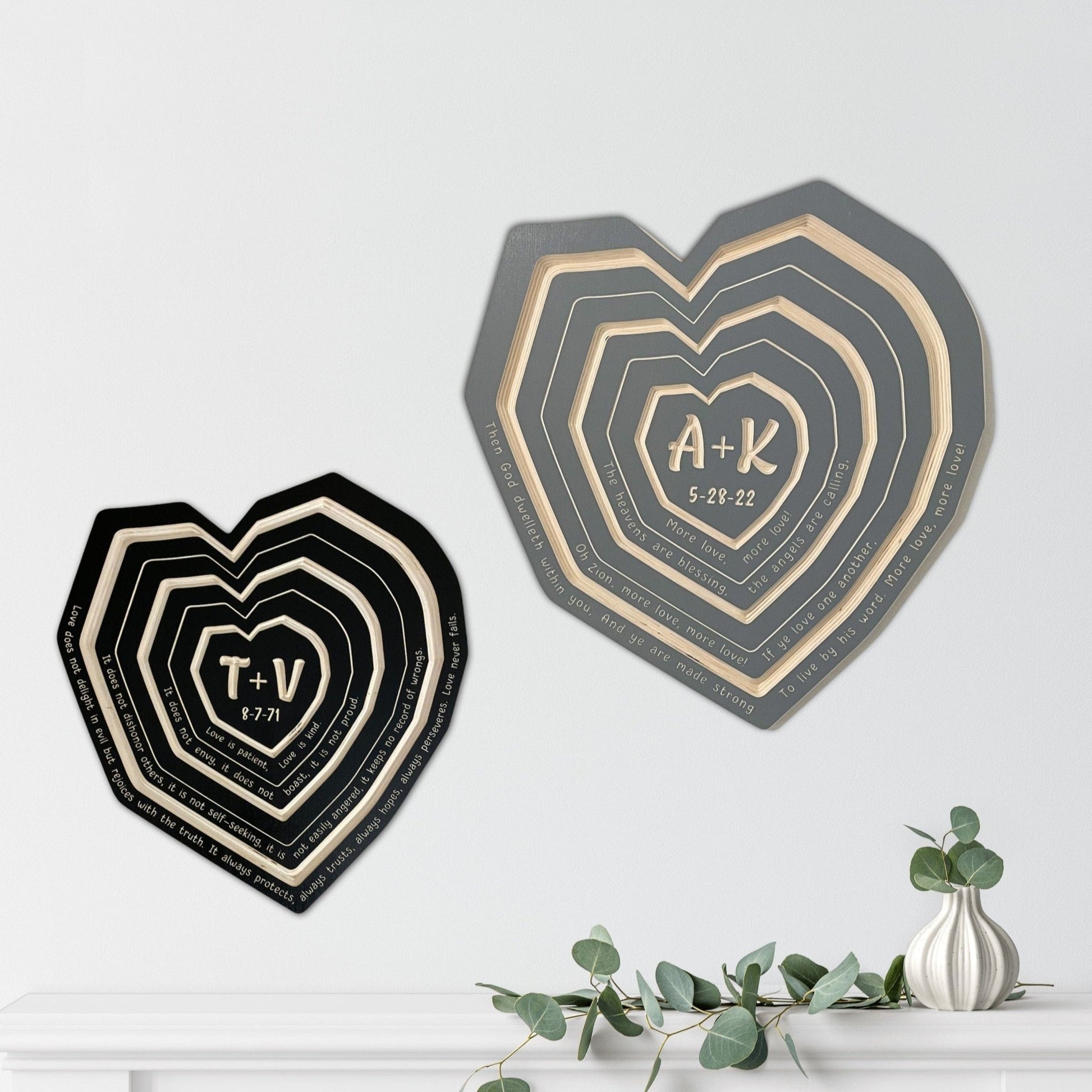 Our Love Story Wall Art, Personalized Wood Tree Ring Heart in standard and large sizes.