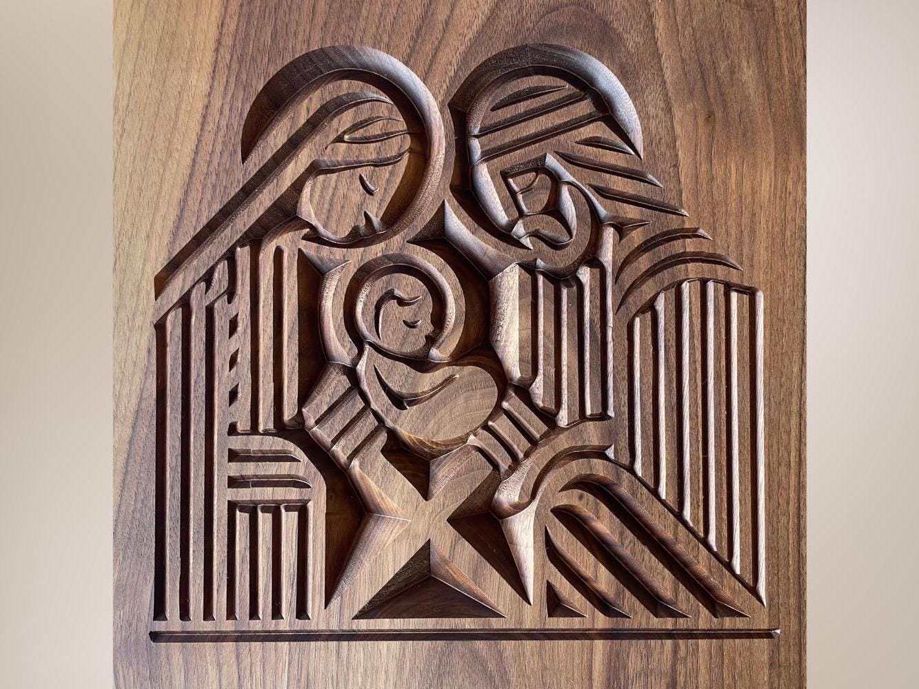 Holy Family Nativity Scene on Solid Walnut Wood, Modern Christmas Decor and Gifts