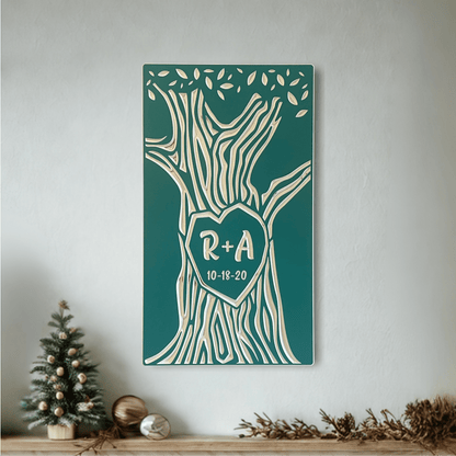 Teal Personalized Anniversary gift, custom carved tree with initials and date, hanging above a mantle with holiday decorations.