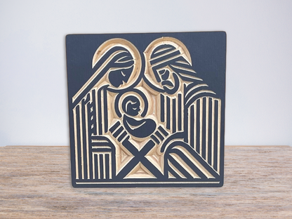 Modern Nativity Mantle Scene in Navy, Small Wood Tabletop Display, Holy Family Wooden Holiday Decor and Gifts