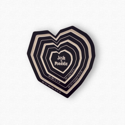 Our Love Story Wall Art, Personalized Wood Tree Ring Heart with we met, got engaged, and married dates. Shown in black finish on white background.