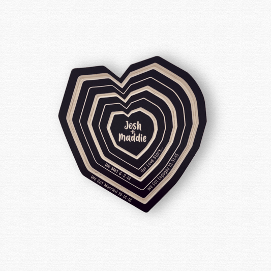 Our Love Story Wall Art, Personalized Wood Tree Ring Heart with we met, got engaged, and married dates. Shown in black finish on white background.