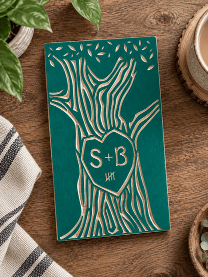 A personalized wooden plaque featuring a carved tree design with a heart-shaped center containing the initials 'S+B' and 5 tally marks, displayed on a rustic wooden tabletop with a striped cloth, plant leaves, and a ceramic cup nearby.