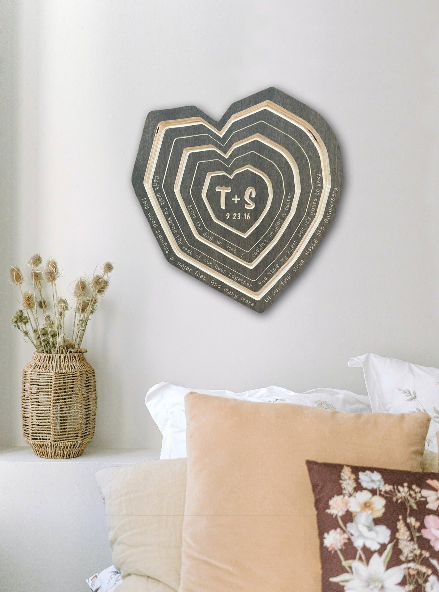 Heart shaped tree ring art in Driftwood finish