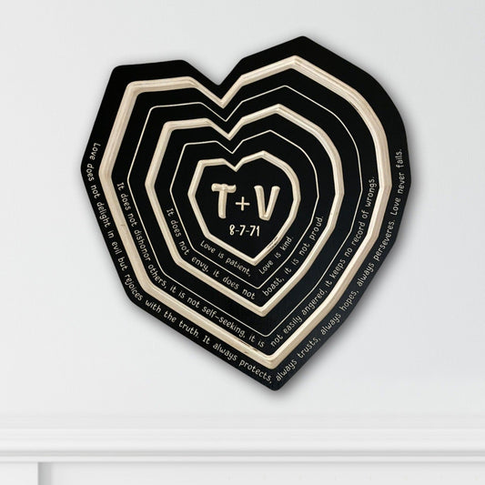 Heart shaped tree ring art in Black finish