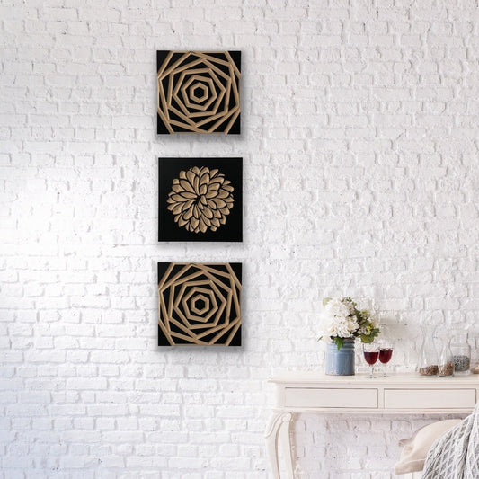 Set of 3 Wood Wall Art Panels | Dahlia & Abstract Rose | 12" x 12" Panels
