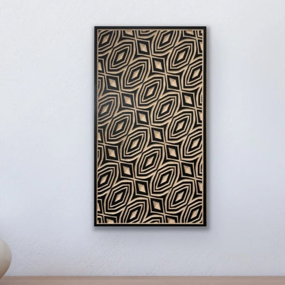 A rectangular carved wood wall art featuring a geometric pattern in a neutral color palette.