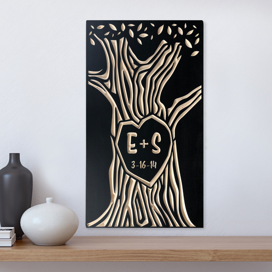 initials carved in wood tree, black